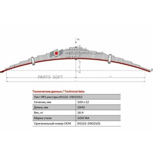 65115-2902101_лист коренной! перед. 1 90х12 L=1940\ КАМАЗ ЧМЗ 651152902101 | цена за 1 шт