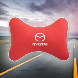 Автомобильная подушка под шею на подголовник из красного велюра и вышивкой (мазда) Mazda"