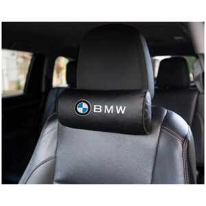 Автомобильная подушка-валик на подголовник экокожа Black c вышивкой BMW
