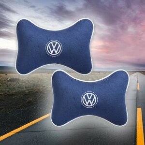 Комплект автомобильных подушек под шею на подголовник из синего велюра и вышивкой для Volkswagen (фольцваген) (2 подушки)