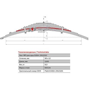 Лист №5 Рессора задняя для МАЗ 500A, 5549, 5334 13 листов