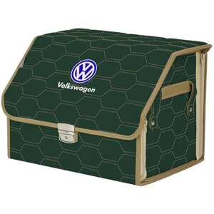 Органайзер-саквояж в багажник "Союз Премиум"размер M). Цвет: зеленый с бежевой прострочкой Соты и вышивкой Volkswagen (Фольксваген).