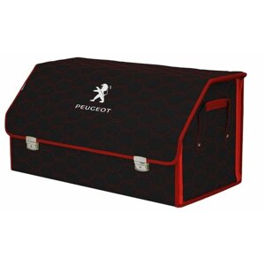 Органайзер-саквояж в багажник "Союз Премиум"размер XL Plus). Цвет: черный с красной прострочкой Соты и вышивкой Peugeot (Пежо).