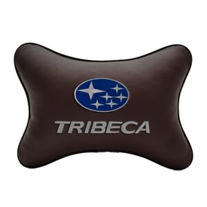 Подушка на подголовник экокожа Coffee с логотипом автомобиля SUBARU TRIBECA