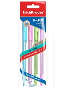 Ручки шариковые синие 04шт R-301 Spring Stick 0,7мм, подвес, ErichKrause