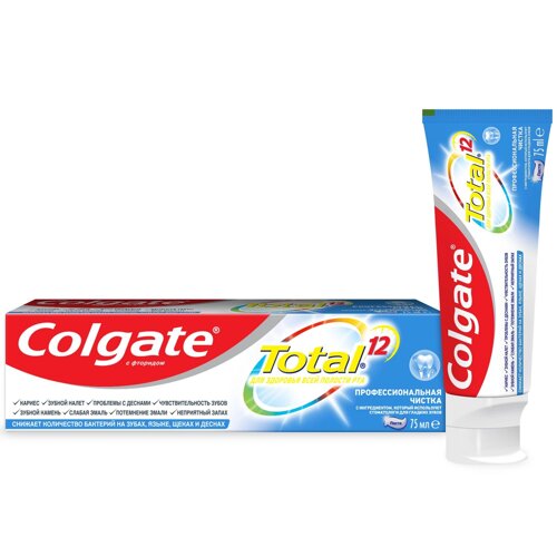 Зубная паста Colgate Total 12 Профессиональная Чистка с специальным ингредиентом для гладких и блестящих зубов, а также с цинком и аргинином для антибактериальной защиты всей полости рта в течение 12 часов, 75 мл