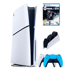 PS5 (ПС5) Игровая приставка Sony PlayStation 5 Slim disc + 2-й геймпад (голубой) + зарядное +игра NHL24