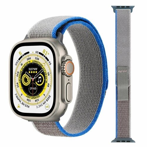 Ремешок нейлоновый Trail Loop для смарт-часов Apple Watch Series 1-9 и Ultra 42/44/45/49 мм, X9 Pro2 / X9+ Ultra2 / X8 Pro+09 синий с серым