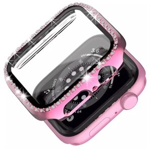 Чехол со стразами + стекло для Apple Watch 41 mm розовый