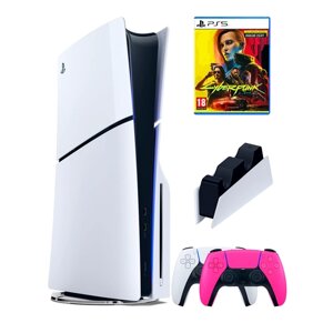 PS5 (ПС5) Игровая приставка Sony PlayStation 5 Slim disc + 2-й геймпад (розовый)+ зарядное + игра Cyberpunk