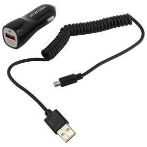 Универсальное зарядное устройство от прикуривателя 12В-24В UC-S19 с поддержкой стандарта быстрой зарядки QC 3.0 (1 USB-порт, до 3.0А, пружинный чёрный кабель micro USB в комплекте) Цвет - чёрный