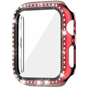 Защитный пластиковый чехол (кейс) Apple Watch Series 7 8 (Эпл Вотч) 45 мм для экрана/дисплея и корпуса противоударный бампер красный со стразами