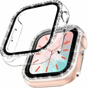 Защитный пластиковый чехол (кейс) Apple Watch Series 7 8 (Эпл Вотч) 45 мм для экрана/дисплея и корпуса противоударный бампер прозрачный со стразами