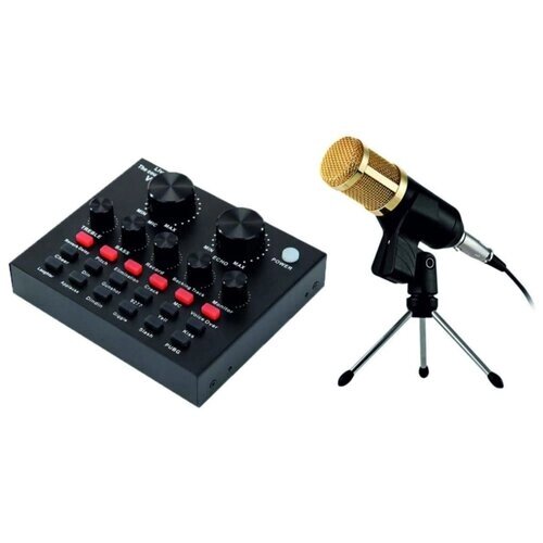 Конденсаторный микрофон BM800 черно-золотой со звуковой картой микшер V8 на настольной треноге с кабелем XLR - jack 3.5 в коробке