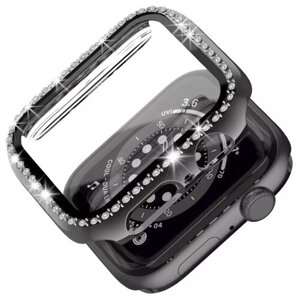 Чехол со стразами + стекло для Apple Watch 44 mm черный