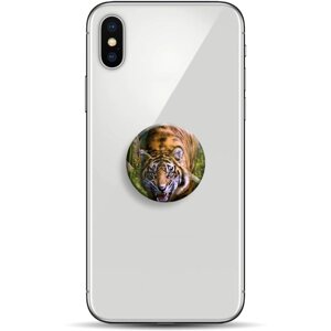 Попсокет белый с рисунком Тигр в джунглях 2 / Держатель для телефона круглый с принтом