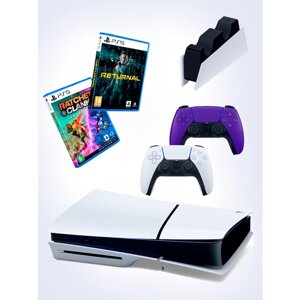 PS5 (ПС5) Игровая приставка Sony PlayStation 5 Slim disc + 2-й геймпад (фиолетовый) + зарядное + игра Ratchet Clank+ игра Returnal