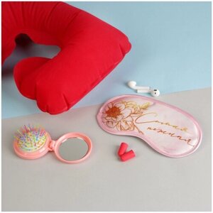 Дорожный набор Сима-ленд: беруши, маска для сна, подушка, подарочная упаковка, 4 предмета, красный, розовый