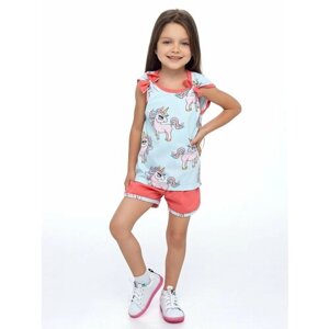Комплект одежды Дети в цвете, футболка и шорты, повседневный стиль, размер 34-122, голубой, коралловый