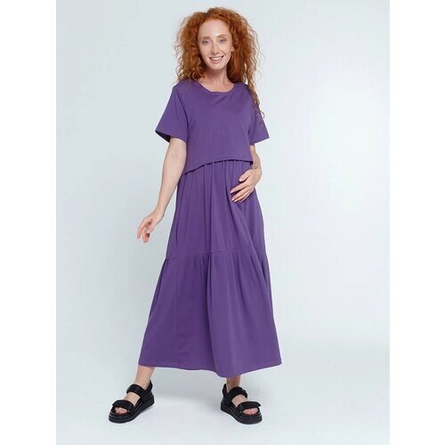 Платье футболка для кормления Proud Mom, повседневный стиль, силуэт трапеция, короткий рукав, миди, карманы, размер S, фиолетовый