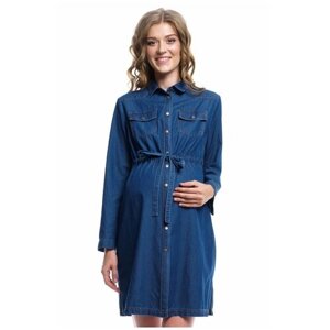 Платье NEWFORM, повседневный стиль, полуприлегающий силуэт, длинный рукав, мини, карманы, пояс/ремень, размер 44, голубой