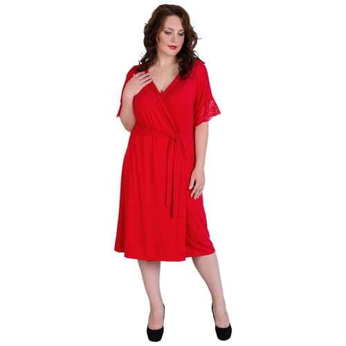Женский халат на запах с поясом арт. 19-0317 Красный размер 48 Вискоза Шарлиз рукав короткий с кружевом длина ниже колена