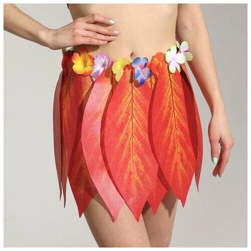 Гавайская юбка «Листики красные и цветочки» 36 см