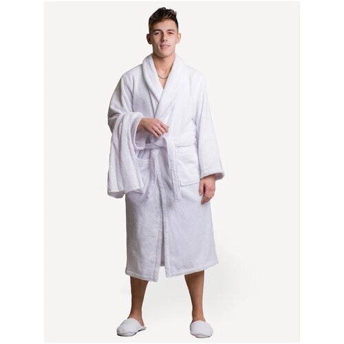 Халат , на завязках, длинный рукав, карманы, банный халат, пояс/ремень, размер 54м, белый