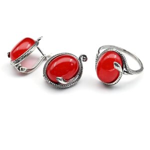 Комплект бижутерии : колье, серьги, мельхиор, корунд, размер кольца 18, красный