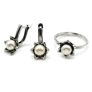 Комплект бижутерии : колье, серьги, мельхиор, жемчуг пресноводный, размер кольца 19
