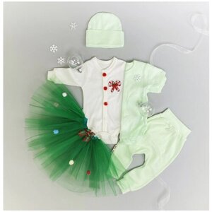 Комплект одежды lucky child для девочек, юбка и брюки и боди и шапка, нарядный стиль, подарочная упаковка, застежка под подгузник, размер 24 (74-80), зеленый