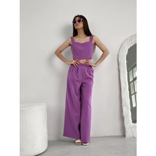 Костюм, топ и брюки, повседневный стиль, свободный силуэт, размер 42, фиолетовый