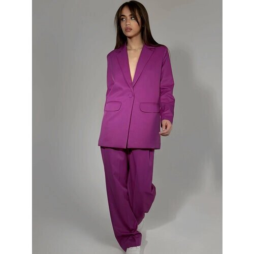 Костюм, жакет и брюки, классический стиль, прямой силуэт, пояс на резинке, размер 44, фиолетовый
