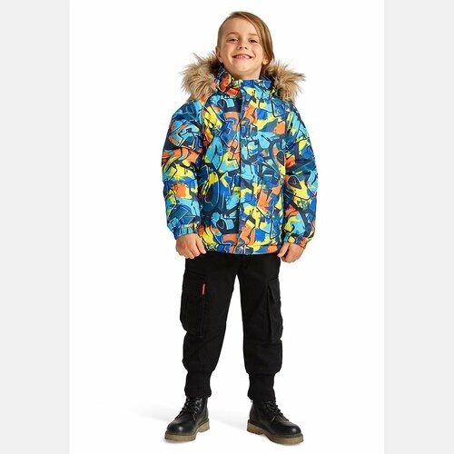 Куртка Huppa зимняя, средней длины, светоотражающие элементы, съемный капюшон, отделка мехом, ветрозащита, карманы, манжеты, водонепроницаемая, несъемный мех, регулируемый край, размер 128, мультиколор