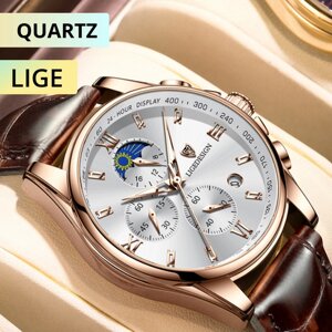 Наручные часы LIGE мужские кварцевые с хронографом, брендовые деловые /белые/золото/белый