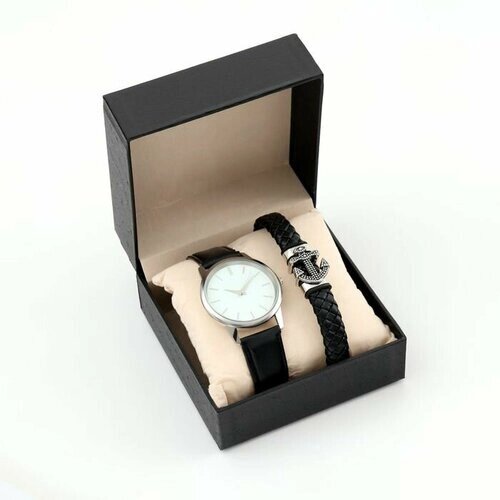 Наручные часы Мужской подарочный набор "Якорь" 2 в 1: наручные часы, браслет, белый, черный