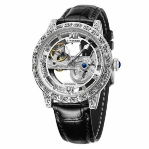 Наручные часы WINNER winner Новейшие золотые прозрачные наручные часы Кожаный скелетоны Пользовательские механические автоматические часы для мужчин, серебряный, белый