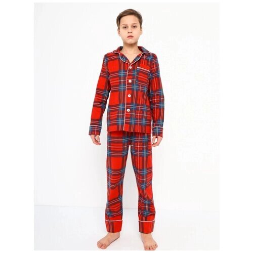 Пижама детская для мальчика из хлопка с брюками и рубашкой "Красная клетка", размер 122