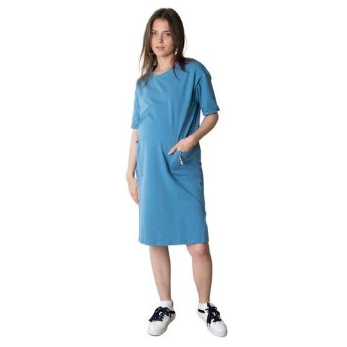 Платье футболка Мамуля Красотуля, спортивный стиль, прямой силуэт, короткий рукав, миди, карманы, разрез, размер 42-44, синий