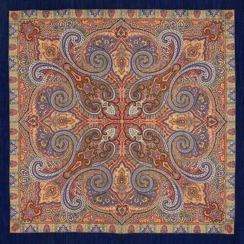 Платок Павловопосадская платочная мануфактура,125х125 см, оранжевый, синий