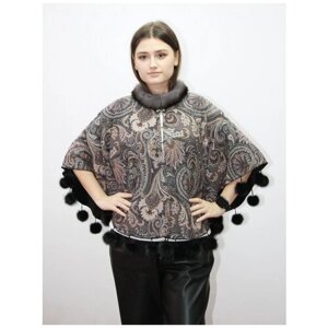 Пончо Мария, текстиль, укороченное, отделка мехом, несъемный мех, размер универсальный 40 - 48, черный