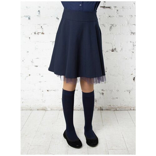 Школьная юбка-полусолнце 80 Lvl, с поясом на резинке, миди, размер 34 (134-140), синий