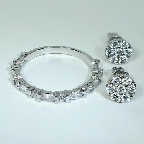 Ювелирный комплект : серьги, кольцо, серебро, 925 проба, фианит, размер кольца 17.5