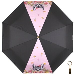 Зонт FLIORAJ, автомат, 3 сложения, купол 116 см., 8 спиц, чехол в комплекте, для женщин, черный, розовый