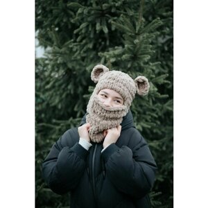 Балаклава Теплая оригинальная пушистая шапка балаклава с ушами Медвежонок ручной вязки, размер 56, бежевый