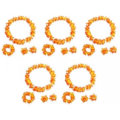 Гавайский набор, цвет оранжевый, 4 предмета: ожерелье лея, венок, 2 браслета (5 наборов в комплекте)