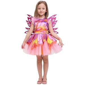 Карнавальный костюм детский для девочки Фея Винкс Стелла Winx Club в комплекте с крыльями на рост 116-122