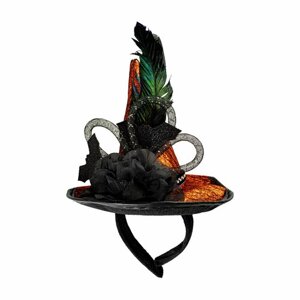 Карнавальный ободок на хеллоуин "Мини шляпа ведьмы" золотой / Колпак ведьмы с цветком и перьями 1 шт.
