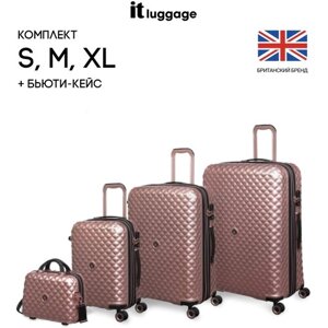 Комплект чемоданов IT Luggage, 4 шт., поликарбонат, опорные ножки на боковой стенке, увеличение объема, жесткое дно, износостойкий, 159 л, размер L+розовый
