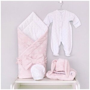 Комплект одежды Kidi для девочек, комбинезон и шапка и одеяло и бант и пеленка, нарядный стиль, подарочная упаковка, пояс на резинке, манжеты, размер 18, розовый
